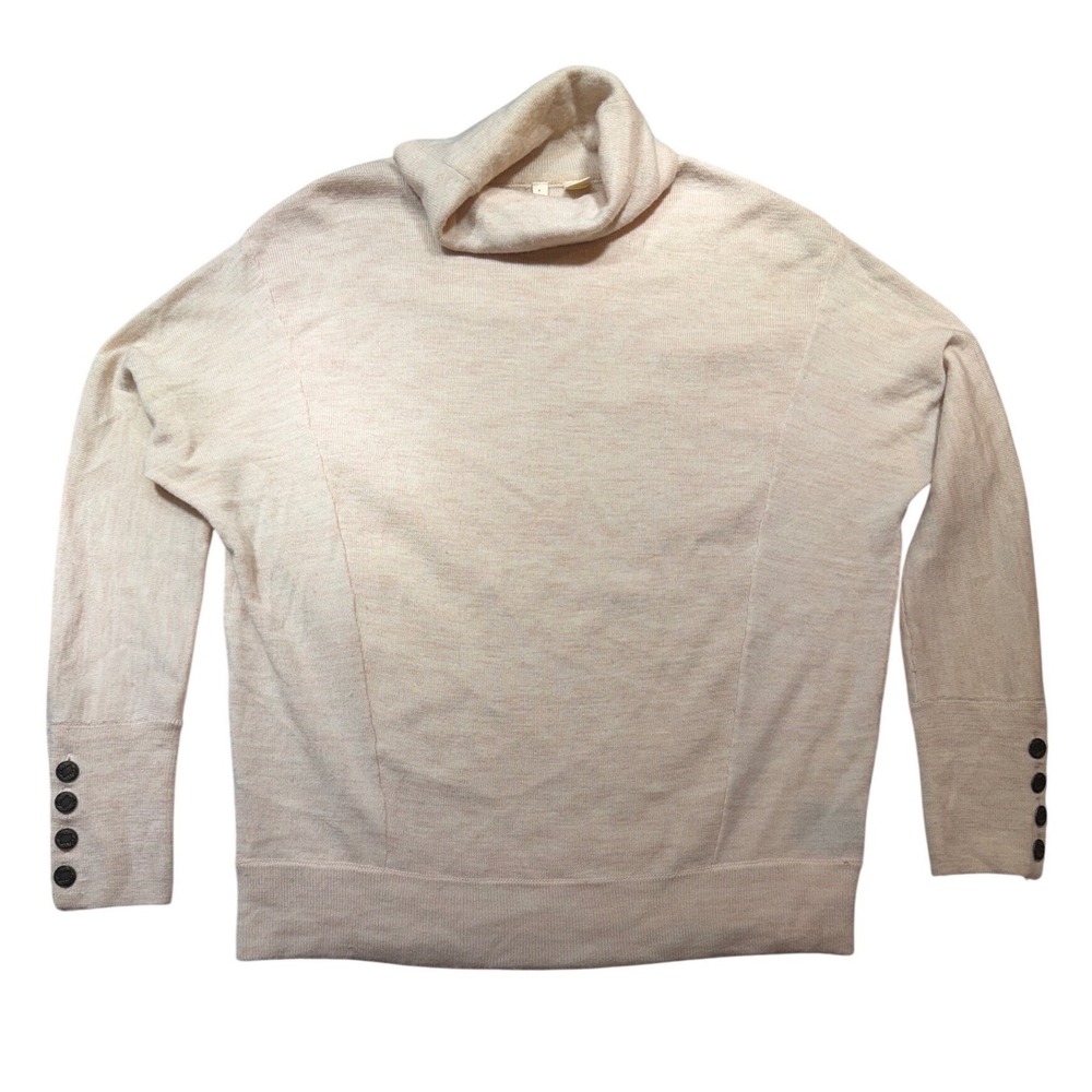 Wool Blend Turtleneck Sweater Oatmeal Beige Button Cuff Long Sleeve Womens  boho